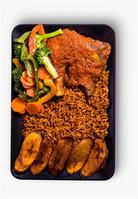 Jollof rice, plantain, veg and Chicken
